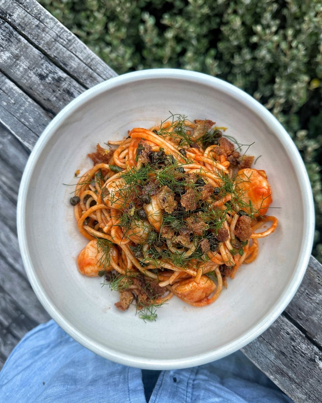 Dirty martini spaghetti with butter scallops and a crispy caper pangrattato