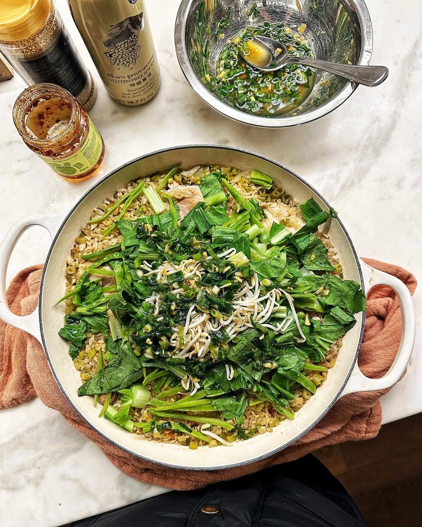 One pot chicken, brown rice and greens with a ginger and spring onion sauce