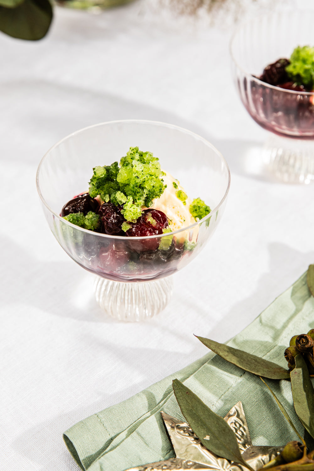 Mint granita, poached chilli cherries and vanilla ice cream