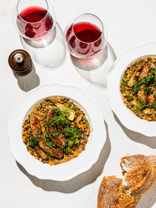 Winter lentils with sausages and watercress pesto