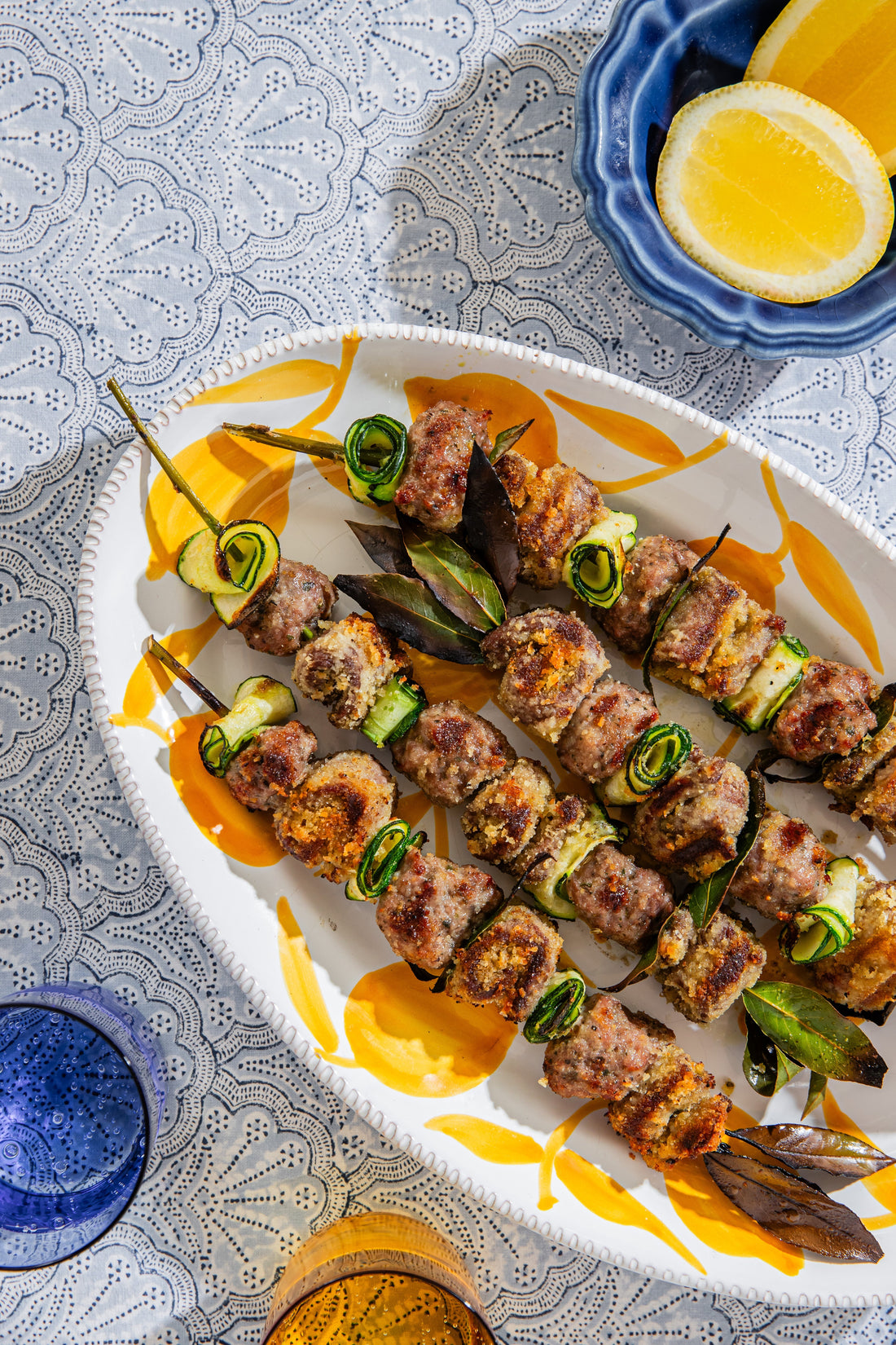 Italian beef and sausage, bay leaf skewers