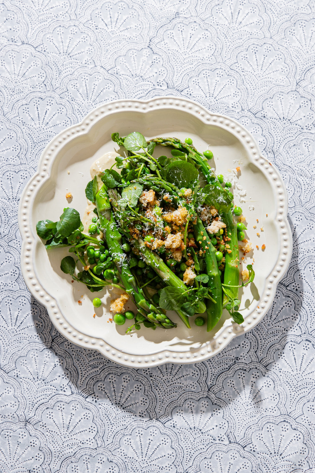 Asparagus, pea and watercress salad with anchovy cream dressing