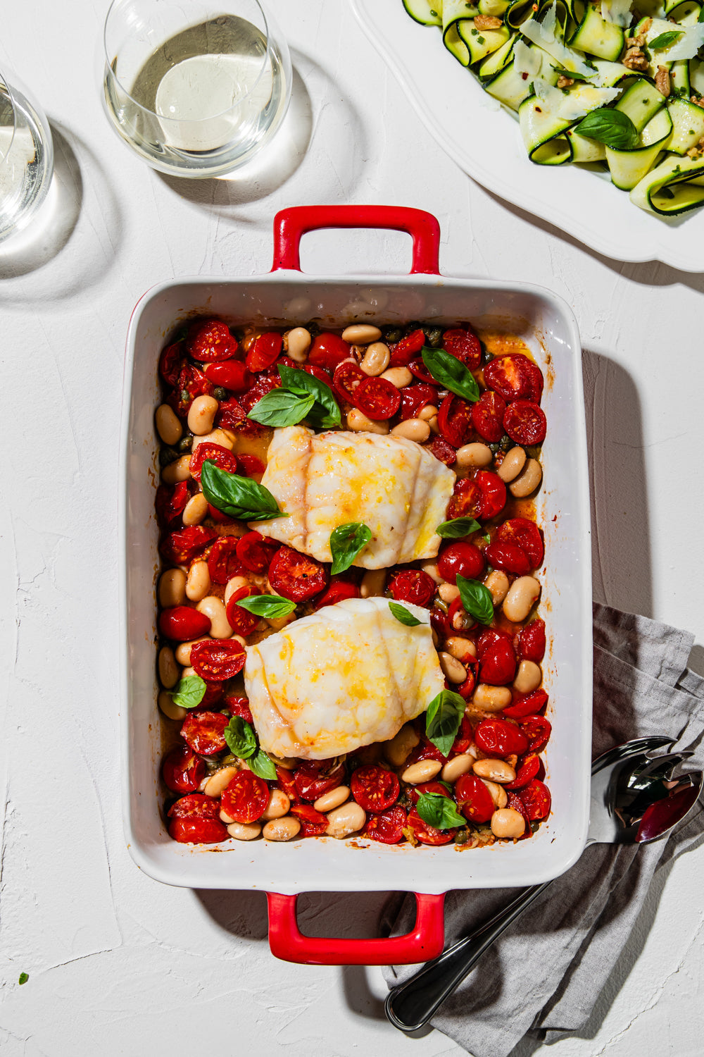 One tray tomato, bean and fish bake