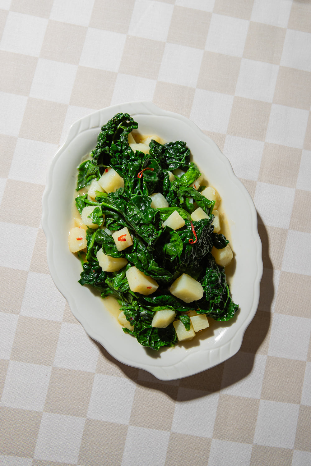 Garlicky chilli greens & potato