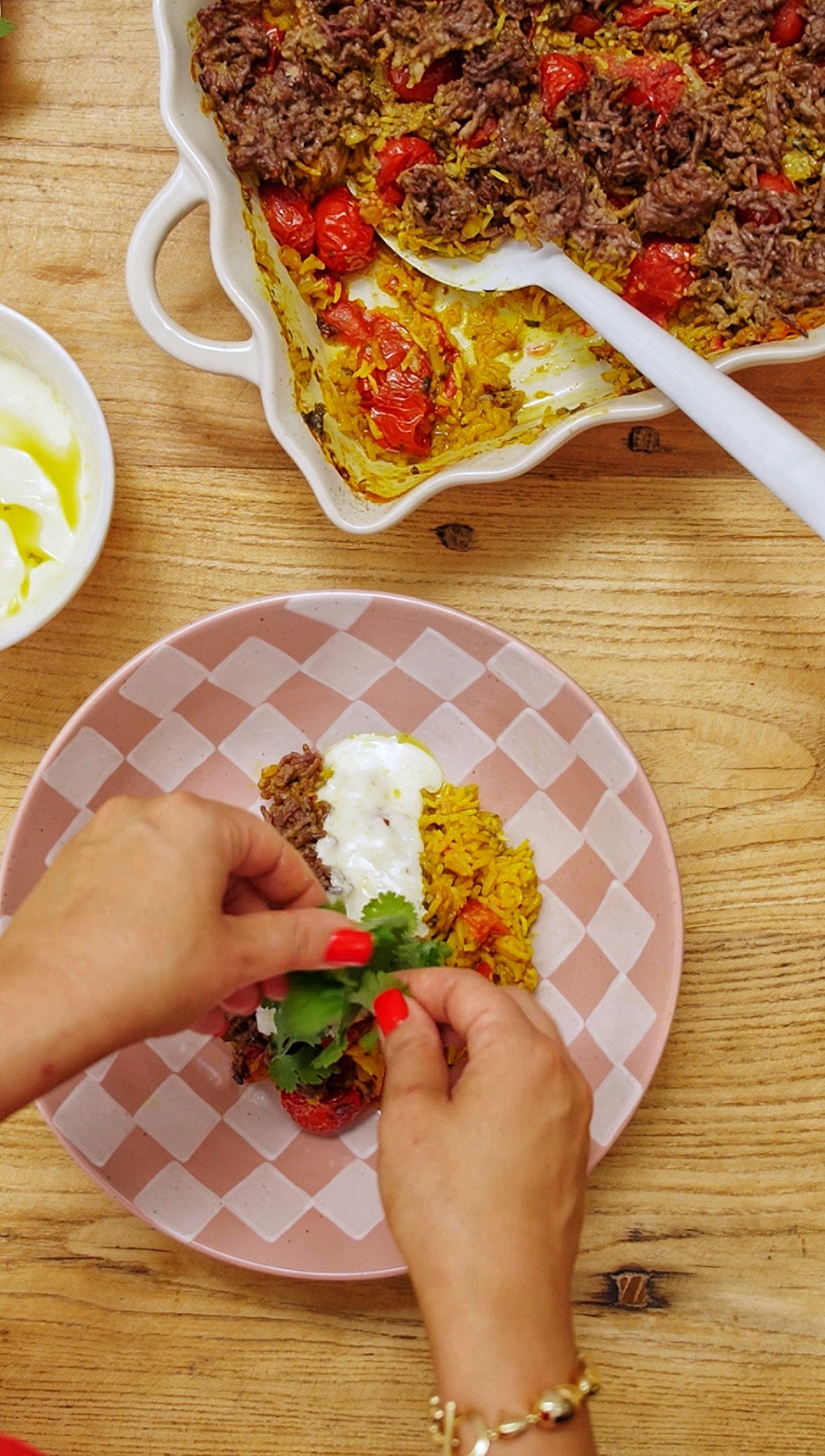 One tray jammy tomatoes, crispy mince, yellow rice