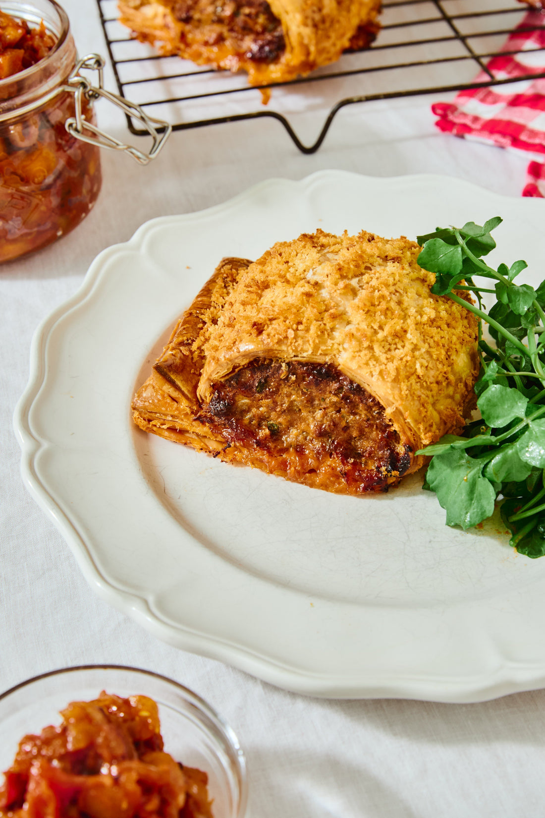 Giant sausage rolls and a chunky apple and tomato chutney