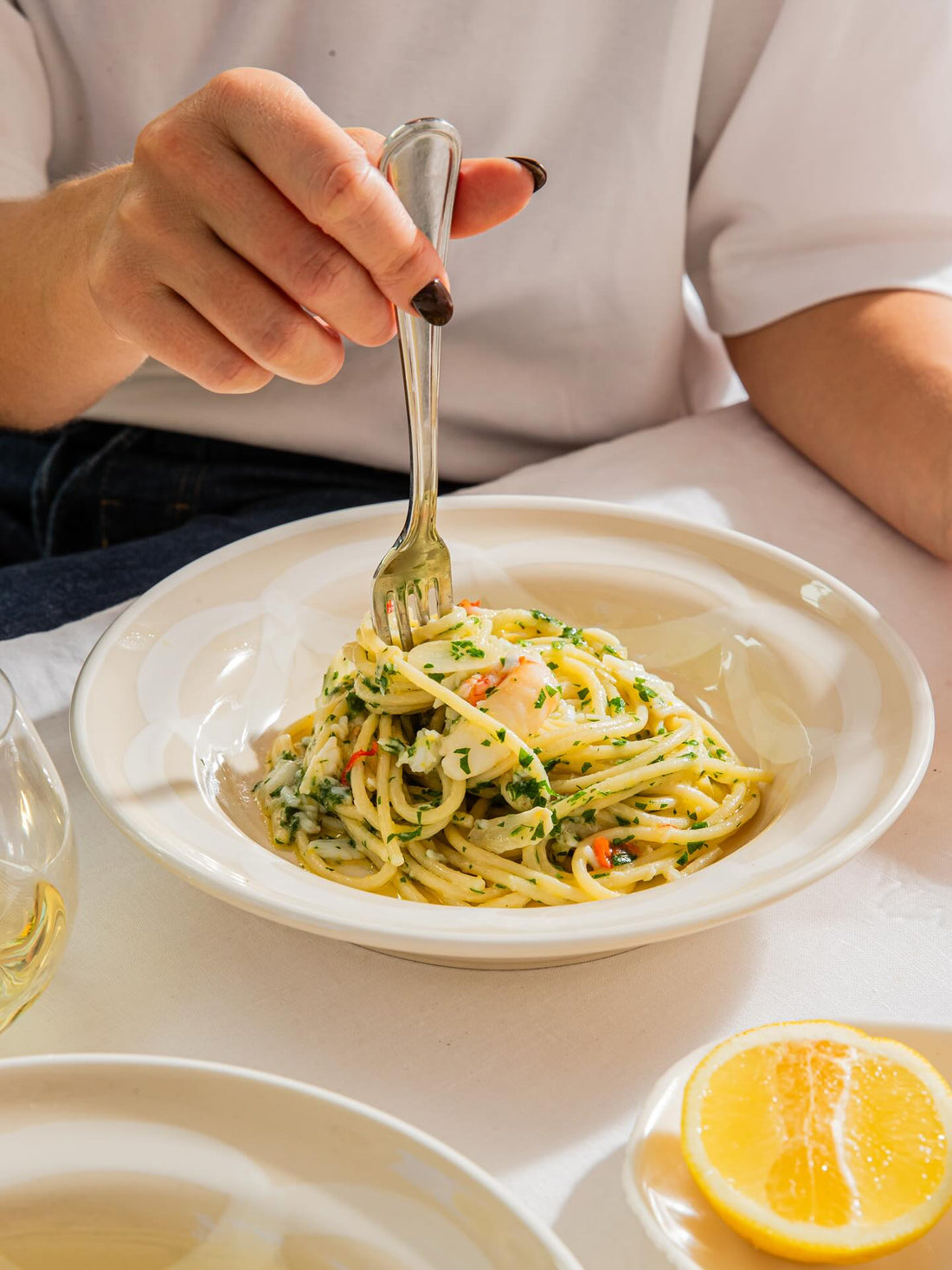 Aglio e olio pasta with crab