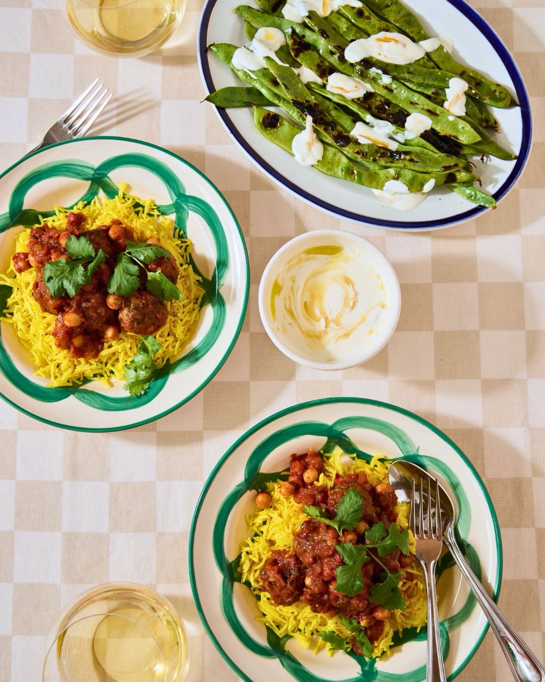 Spiced beef meatballs, with charred Roman beans, and preserved lemon yoghurt